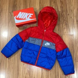 NIKE Sportswear Colorblock Puffer Coat in Red, Gray & Royal Blue in Size 7